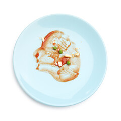 Dirty plate with tomato sauce, peas and bread crumbs isolated on white, top view