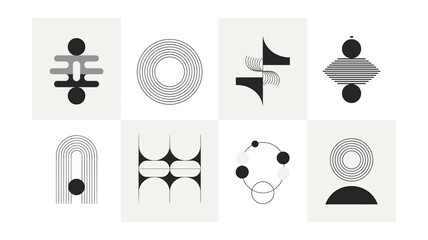 Set of eight minimalist geometric designs with circles, lines, and abstract shapes