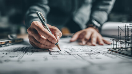 Architects concept, engineer architect designer freelance work on start-up project drawing, construction plan architect design working drawing sketch plans blueprints and making construction model