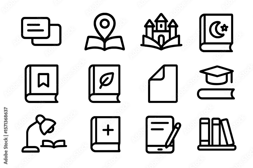 Poster education and learning icons set vector illustration for design projects in line style