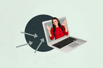 Composite 3d art pop image collage of happy businessman businesswoman stand laptop device...