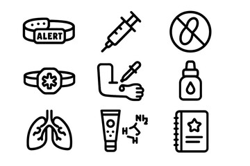 Medical alert and allergy prevention vector illustration - healthcare icons in line art style for educational and informational use