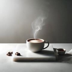 a  cup of hot chocolate on a white marble surface, with subtle steam and minimalist composition