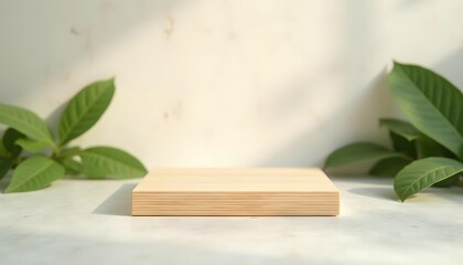 Natural Wood Pedestal with Large Leaf Background for Product Mockup