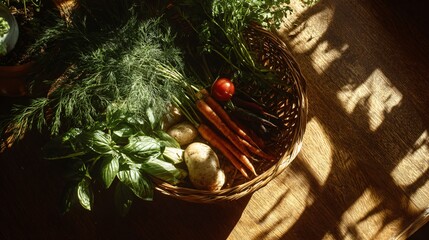 Flat lay with play of shadows: herbs in basket, vegetables half in sunlight