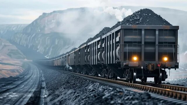 Coal mine with train cars, industrial setting, overcast sky