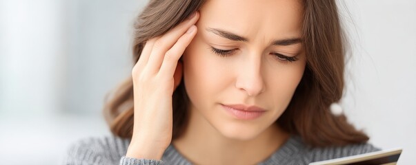 Fototapeta premium financial trouble loan emergency concept. Woman with a headache looking at her phone, showing concern.