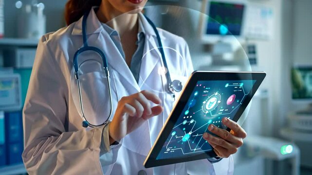 Doctor using a digital tablet with a futuristic healthcare network interface - Powered by Adobe