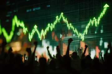 Stock market floor filled with traders cheering and digital green tickers rising sharply, symbolizing global optimism following Middle East ceasefire and expected interest rate cuts.