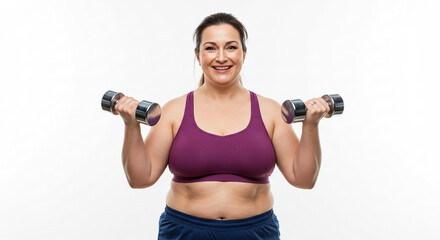 Smiling overweight woman doing exercises with dumbbells on white background