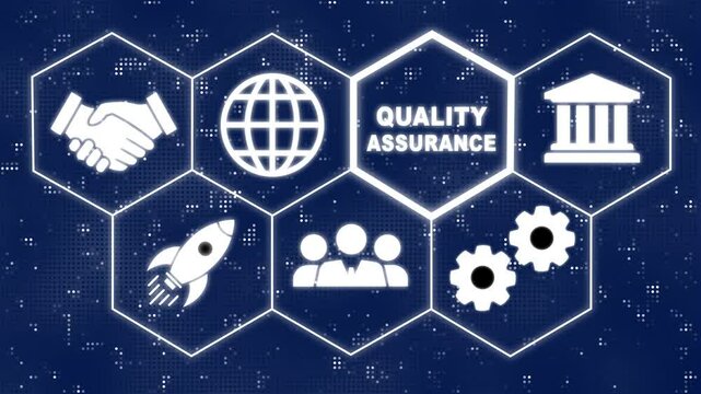 A Quality Assurance concept button on a futuristic.Hi tech motion graphic background, white flickering dots on black background. Business, Technology, Internet and network concept.