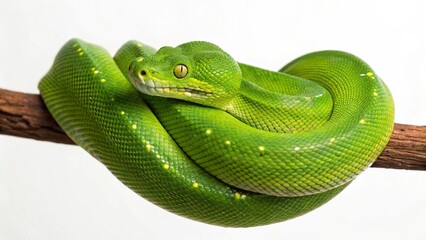 Fototapeta premium Close-up of a stunning green tree python, its brilliant coloration and distinctive patterns highlighted as it rests on a natural branch, ideal for wildlife and nature content.