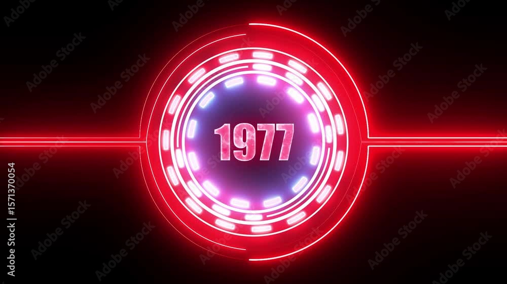 Poster 1977 text with screen effects of technological failures. concept of counting years. past year techno