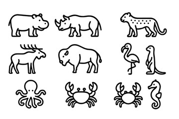 Monochrome animal silhouette vector illustration featuring wildlife and sea creatures design
