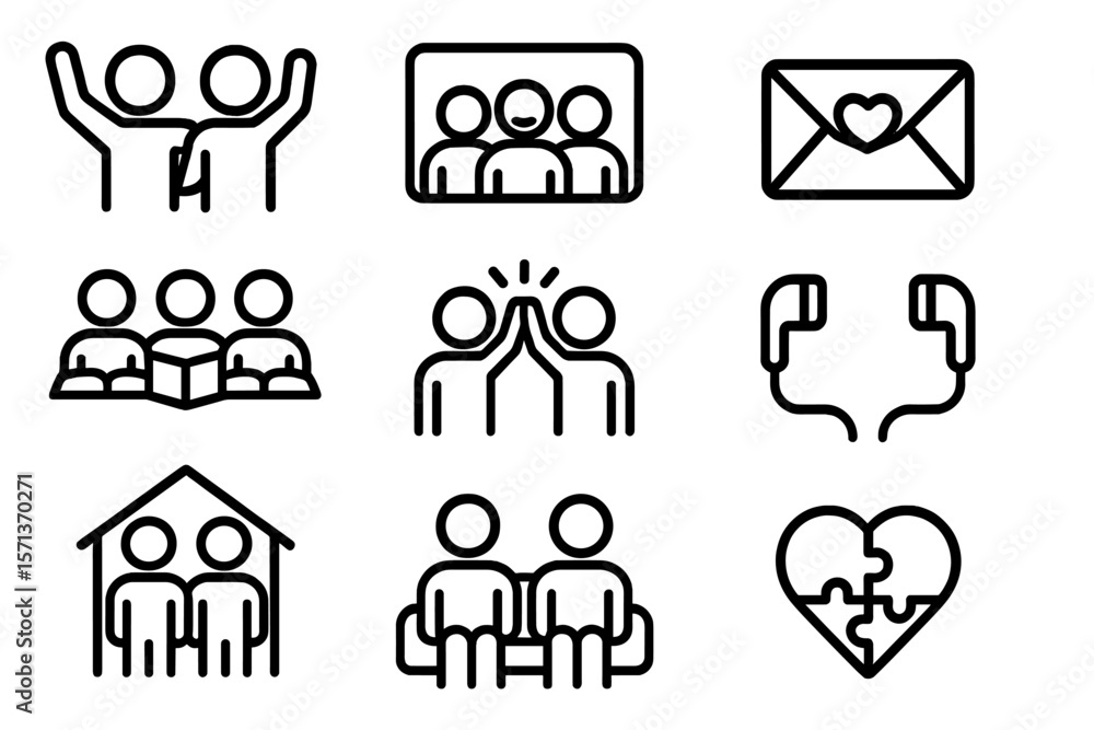 Poster community connection and family interaction icons vector illustration for social media and web desig