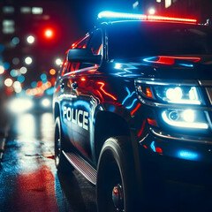 A police SUV parked at night at a diagonal angle, blue and red sirens activated, casting strong reflections on its dark metallic surface. The background is out of focus, with soft urban bokeh lights
