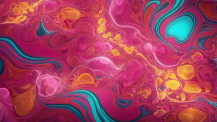 Bright pink psychedelic liquid background with glowing yellow and cyan drops, abstract neon swirl texture, futuristic design