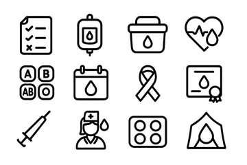 Blood donation symbol set vector illustration - medical and healthcare icons in line style for infographics and educational materials