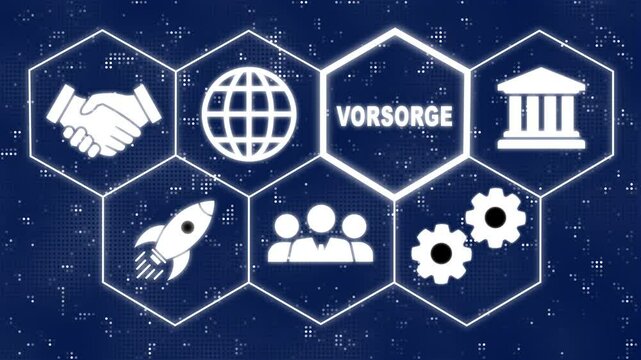 A Prevention "Vorsorge" button in German on a futuristic.Hi tech motion graphic background, white flickering dots on black background. Business, Technology, Internet and network concept.