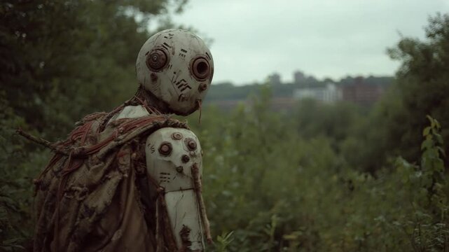 A weathered robot figure stands in a lush green landscape, gazing into the distance. The scene conveys a sense of solitude and exploration in a post-apocalyptic setting.