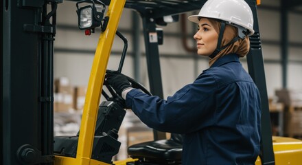 Muslim woman driving forklift in warehouse.
