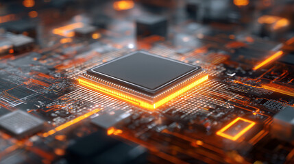 Close-up View of a Modern Microprocessor Chip on Circuit Board with Glowing Orange Background Enhancing Technological Aesthetics and Intricate Details 