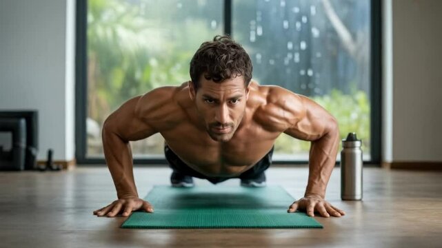 Muscular man performing pushups on a yoga mat for a fitness training routine in his home gym
