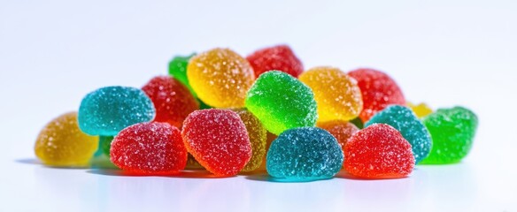 The vibrant assortment of fruity gummy candies in various colors.