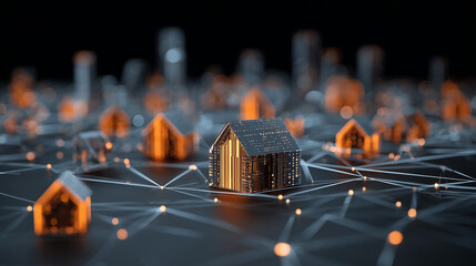 Digital smart city concept with interconnected glowing houses on a futuristic network.