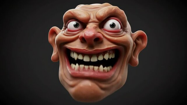 Close-up animation of 3D character faces with crazy and creepy expressions, featuring bulging eyes, sharp teeth, and detailed textured skin, perfect for horror and fantasy concepts.