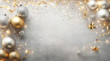 Fototapeta premium Festive Christmas ornaments and confetti on a gray background