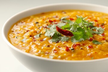 Delicious dal tadka lentil curry served in a bowl with aromatic spices and fresh herbs on a clean white background