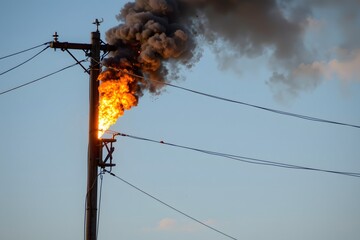 Burning Flare from Gas Leak: A dramatic scene captures the fiery flare and billowing smoke emanating from a gas leak at an industrial site, with utility poles as the backdrop.