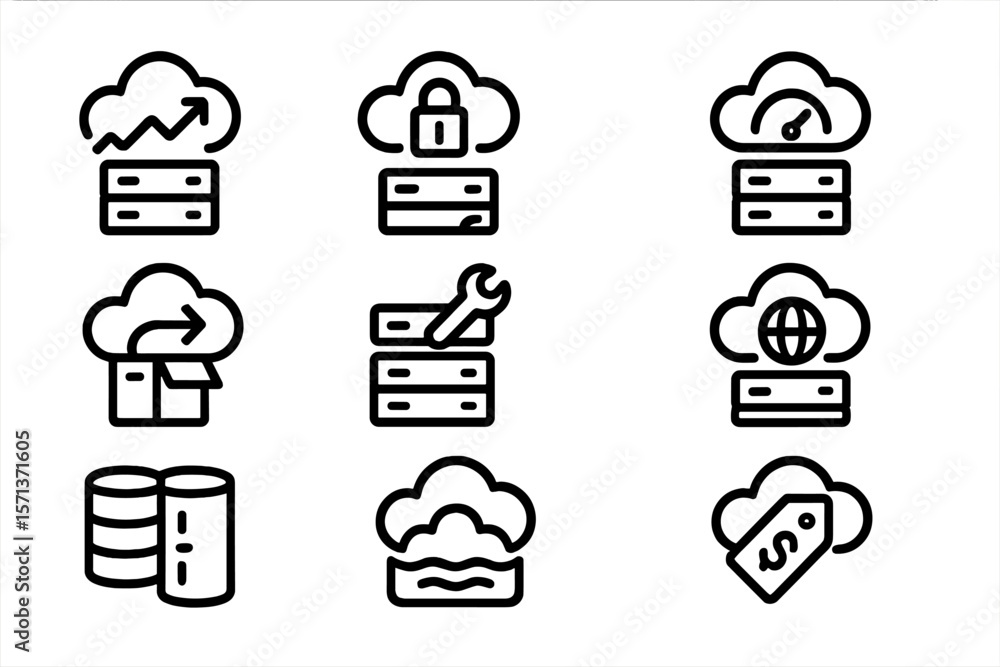 Poster cloud computing essentials vector illustration: trendy icon set for technology and data security des