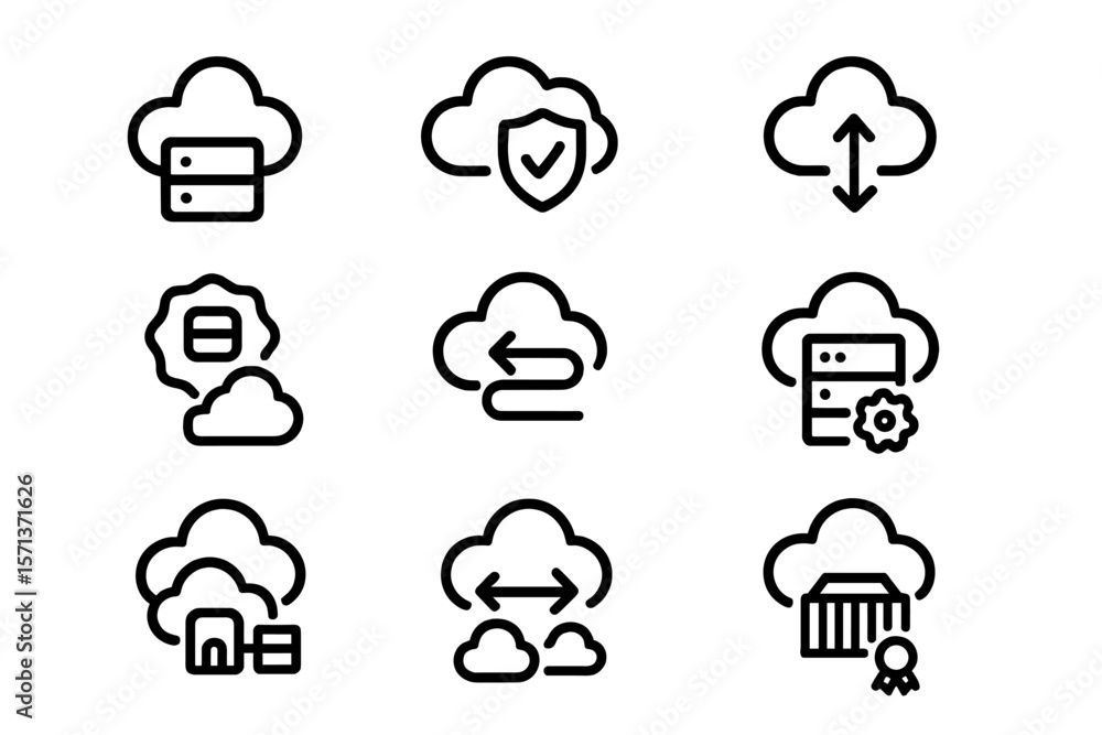 Poster cloud computing vector illustration with icons for data storage, security, and networking applicatio