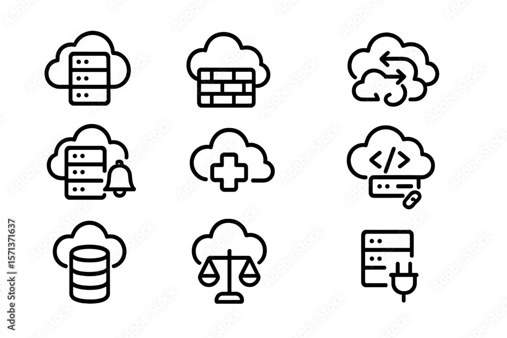 Poster cloud computing vector illustration featuring data servers, security, and networking icons