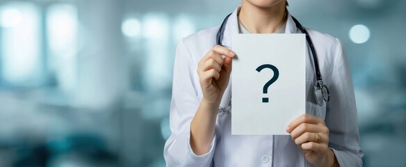 The doctor holding a sign with a question mark in a healthcare setting.