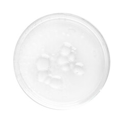 Cosmetic product in Petri dish isolated on white, top view