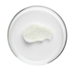 Cosmetic product in Petri dish isolated on white, top view