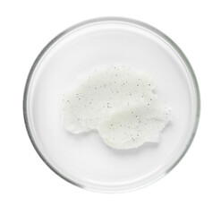 Cosmetic product in Petri dish isolated on white, top view