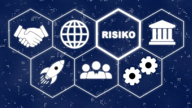 a Risk "Risiko" button in German on a futuristic.Hi tech motion graphic background, white flickering dots on black background. Business, Technology, Internet and network concept.