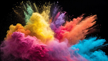Fototapeta premium A vibrant multi-colored powder explosion creates a dynamic burst of colorful pigment against a dark background.