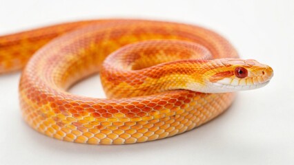 Obraz premium Close-up of a beautiful corn snake, its patterned skin and calm demeanor highlighted against a stark white backdrop, ideal for educational or wildlife content.