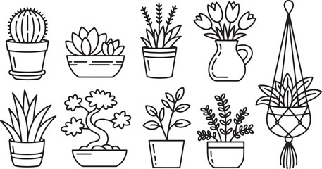 Potted plants and hanging planter line art cactus