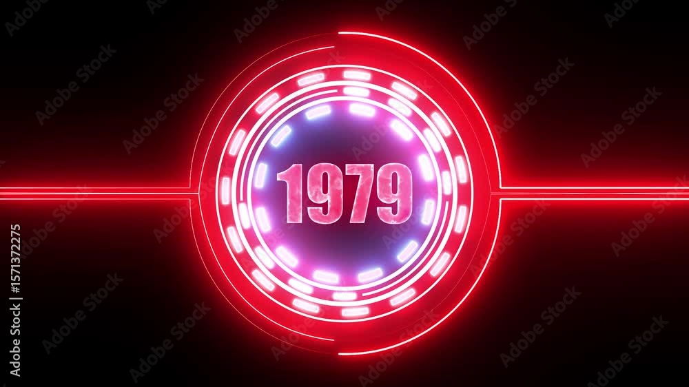 Poster 1979 text with screen effects of technological failures. concept of counting years. past year techno