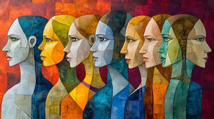 Colorful profile portraits of women, geometric design.