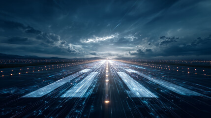 Innovative air travel technology airport runway digital art futuristic wide angle connectivity and progress