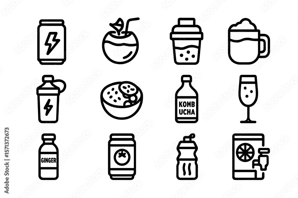 Poster beverage icons set vector illustration for drink menu design in line style