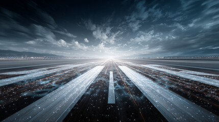 Innovative air travel technology airport runway digital art futuristic wide angle connectivity and progress