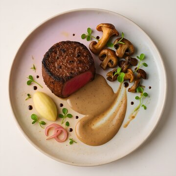 Roast beef steak and mushroom sauce served with vegetables on a white plate for a hearty dinner